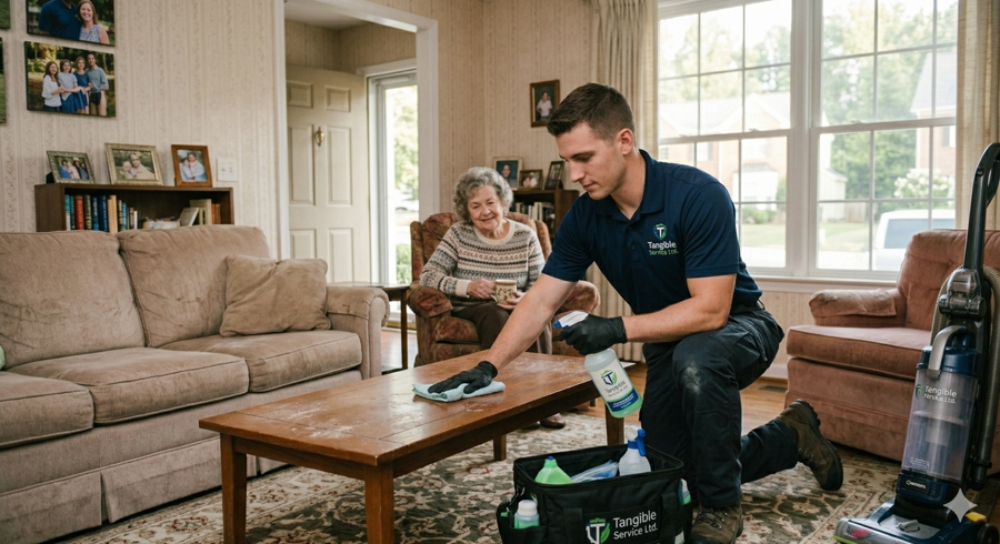 Caring cleaner assisting an elderly resident at home