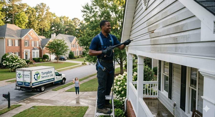 Professional cleaner tidying a bright family home